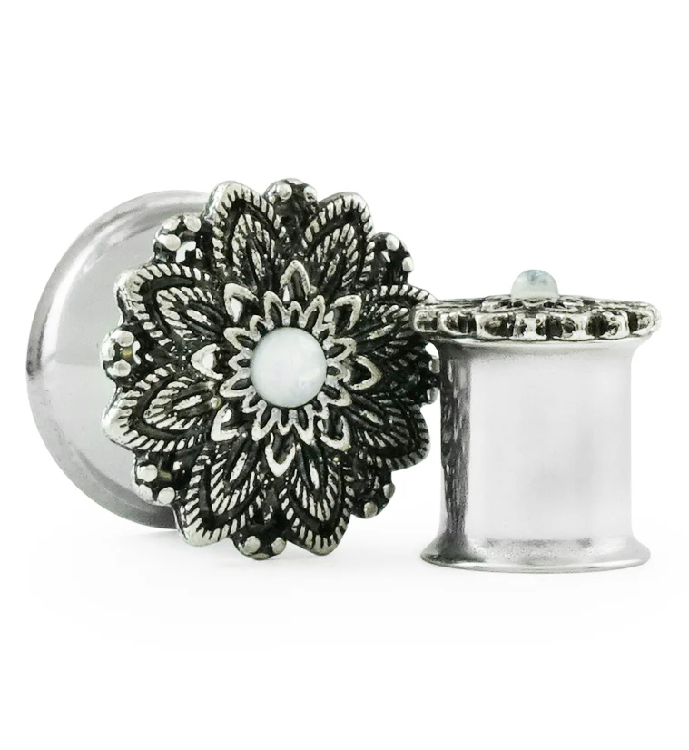 Silver Mandala Flower With Opalite Inlay Steel Plugs