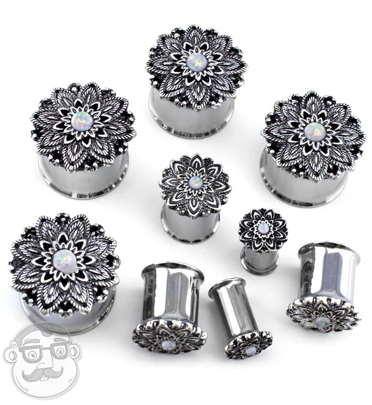 Silver Mandala Flower With Opalite Inlay Steel Plugs - Image 3