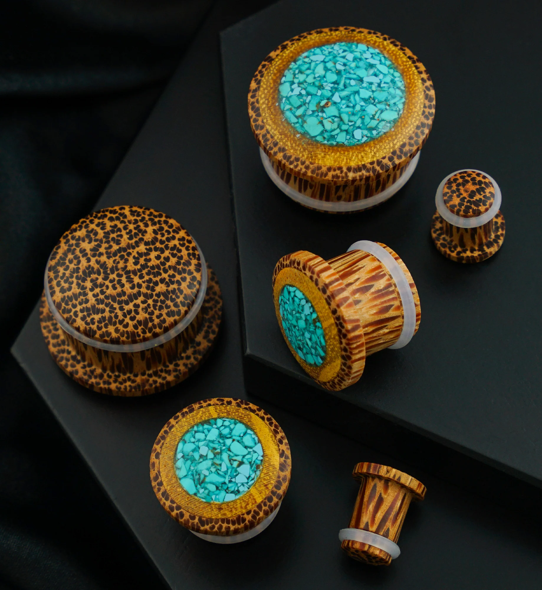 Single Flare Coconut Wood Plugs with Jackfruit & Turquoise Inlay - Image 2