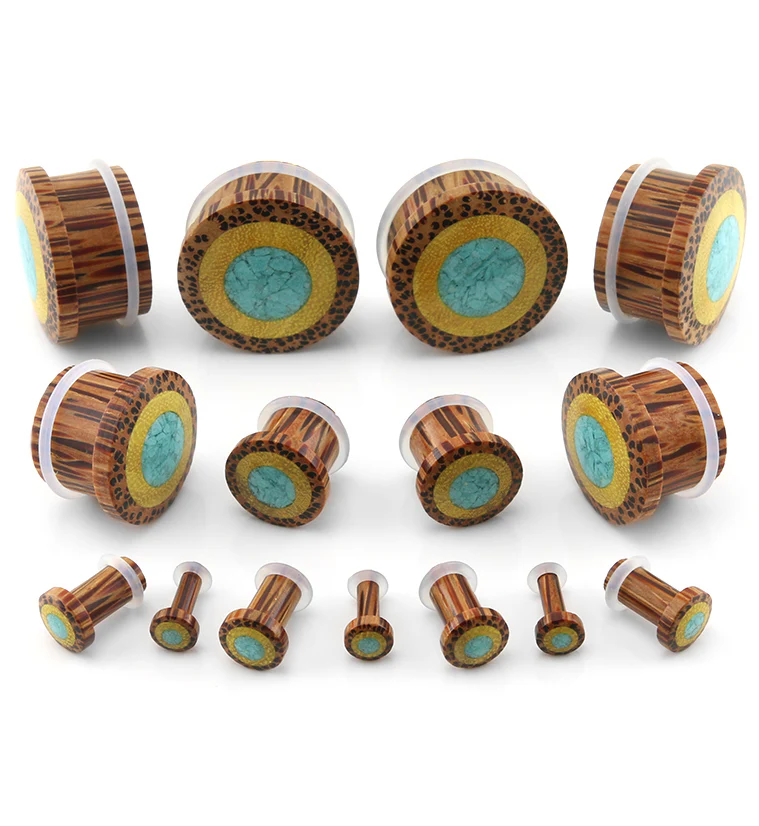 Single Flare Coconut Wood Plugs with Jackfruit & Turquoise Inlay - Image 3