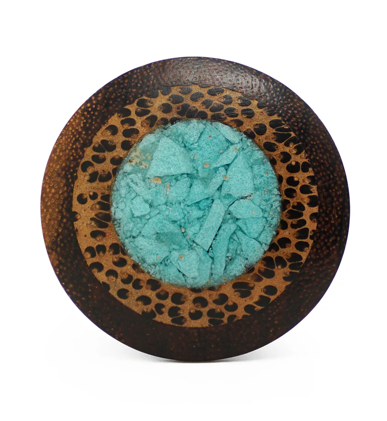 Single Flare Dark Tamarind Wood Plugs with Coconut & Turquoise Inlay - Image 3