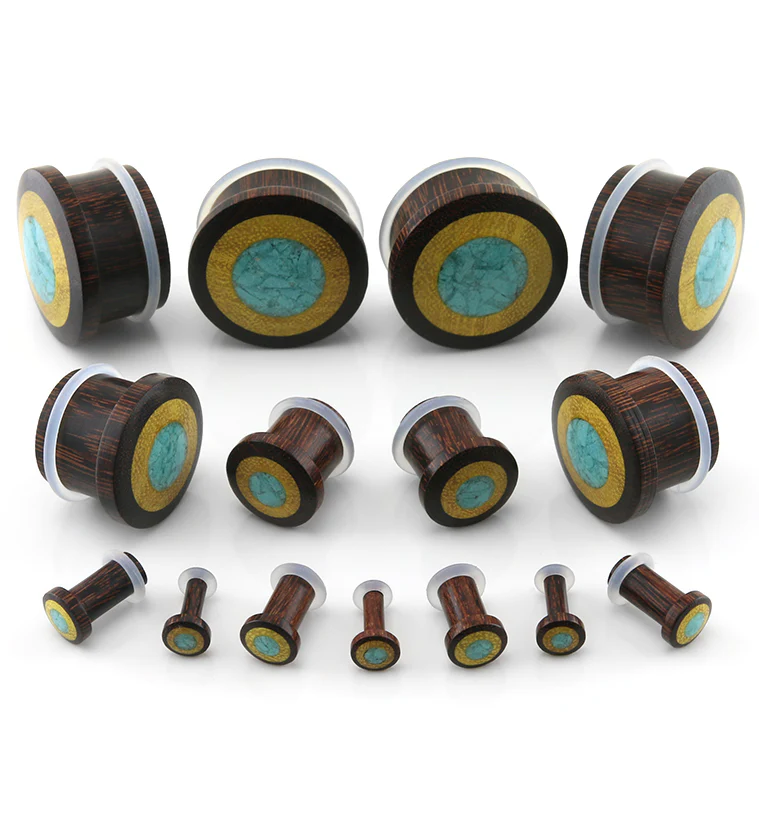 Single Flare Dark Tamarind Wood Plugs with Jackfruit & Turquoise Inlay - Image 3