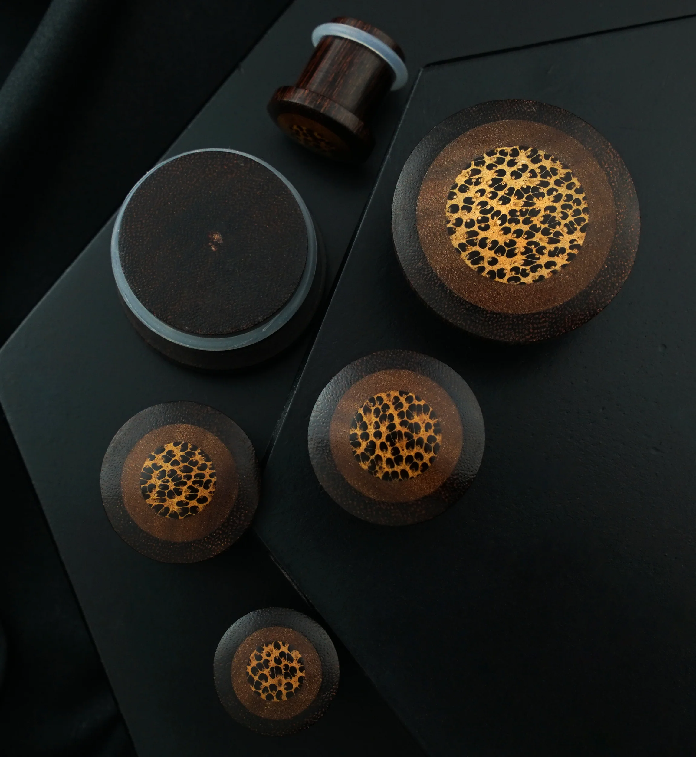 Single Flare Dark Tamarind Wood Plugs with Saba & Coconut Inlay - Image 2