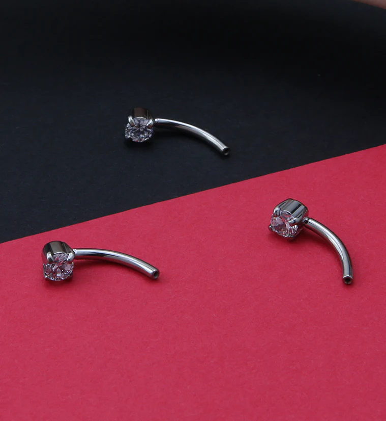 Single Prong CZ Gem Titanium Curved Threadless Barbell - Image 2
