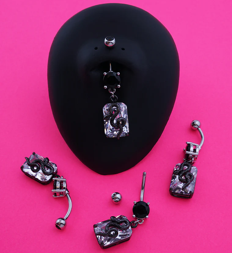 Snake Block Dangling Clear and Black CZ Stainless Steel Belly Button Ring - Image 2
