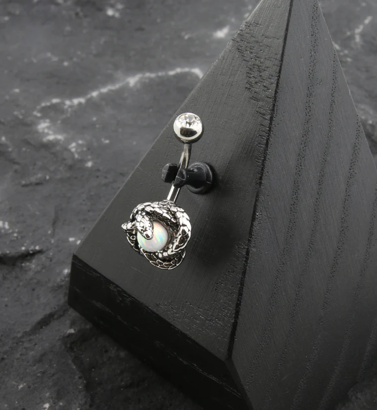 Snake Wrapped White Opalite Clear CZ Stainless Steel Belly Button Ring - Image 2