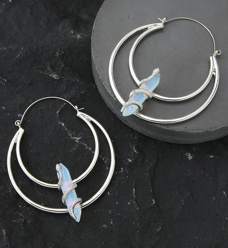 Snake Wrapped White Opalite Stainless Steel Plug Hoops - Image 2