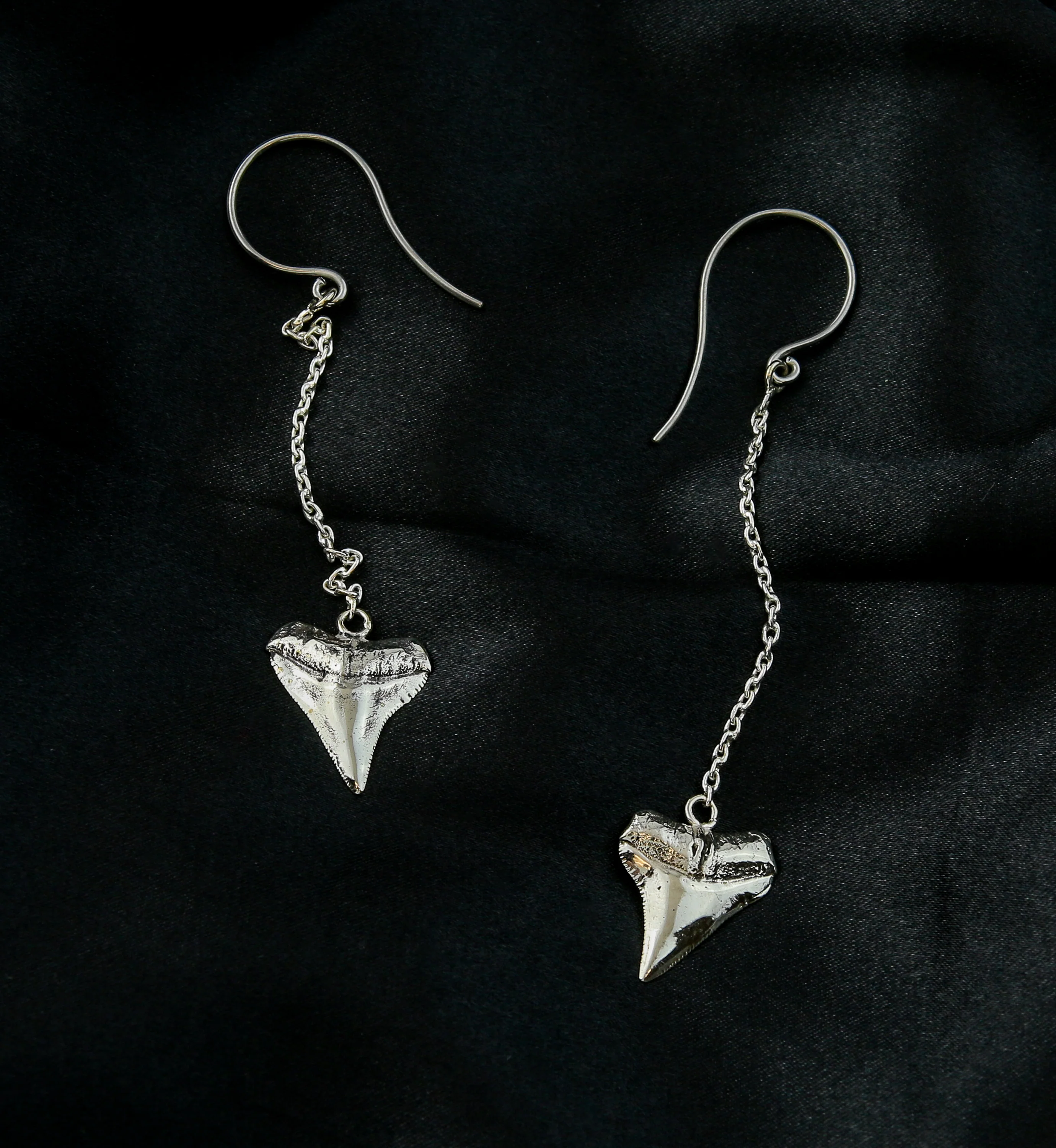 Shark Tooth White Brass Dangle Chain Titanium Earrings - Image 2