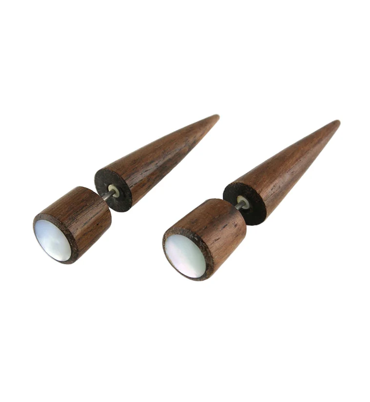 Areng Wood Fake Gauge MOP Shell Tapers Tribal Earrings