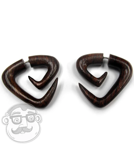 Fake Gauge Tri Point Spirals Tribal Areng Wooden Earrings - Image 2