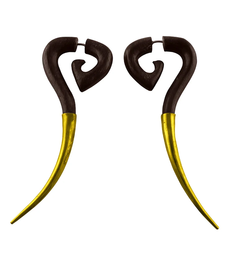 Sono Wood Fake Gauge Tri Point Spirals with Brass Ends