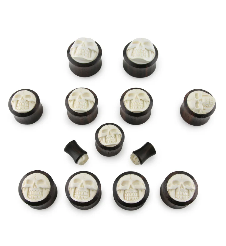 Sono Wood Plugs With Carved Skull Inlay