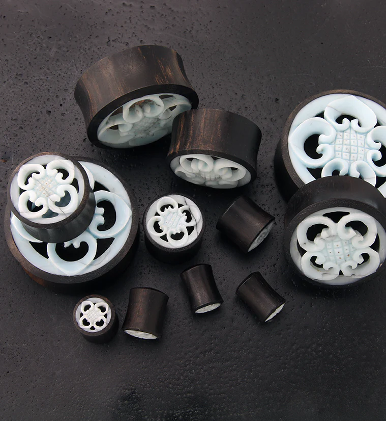 Blue Floral Carved Wooden Plugs - Image 3
