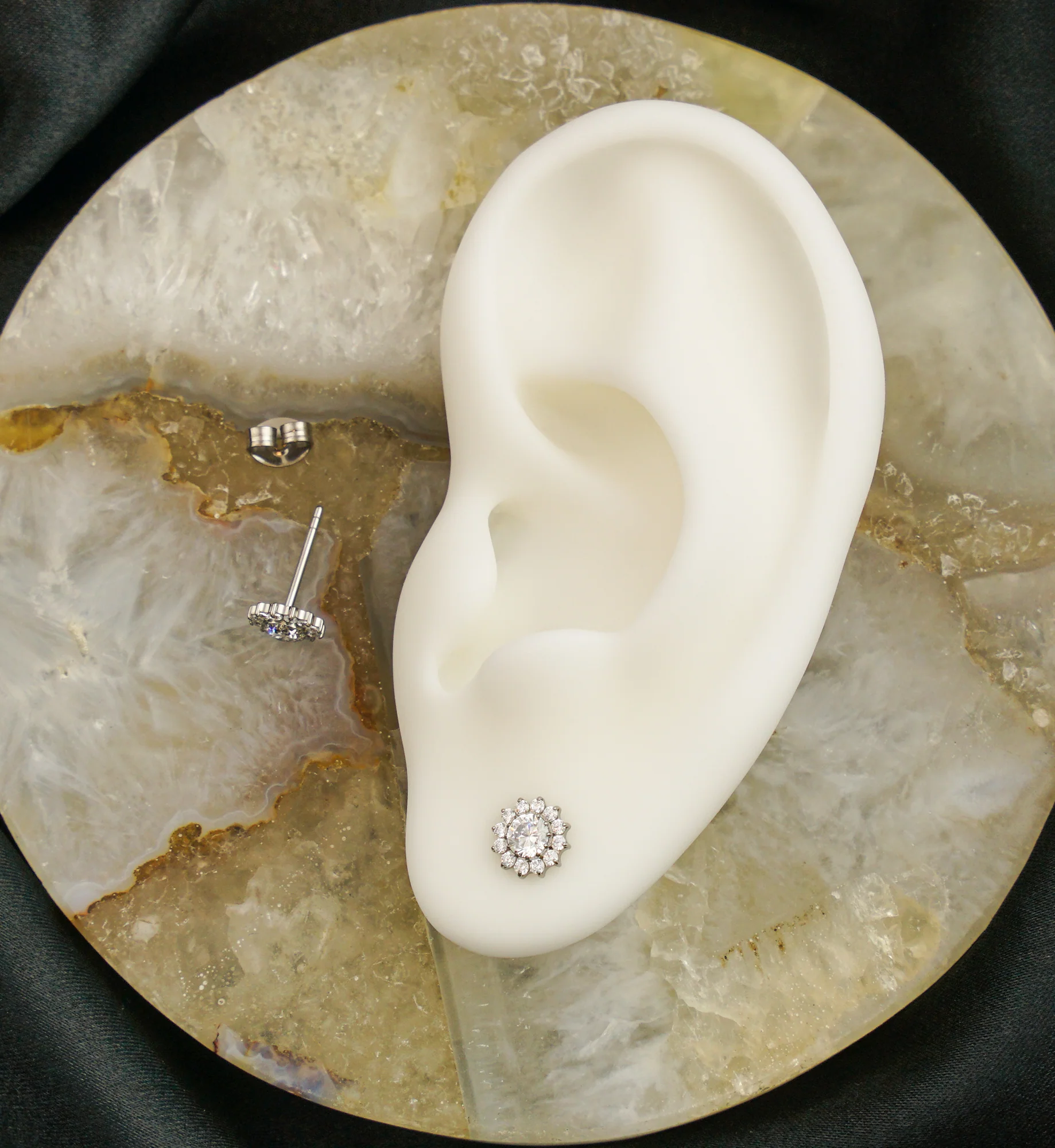 Spherical Flower Clear CZ Titanium Stud Earrings - Image 2