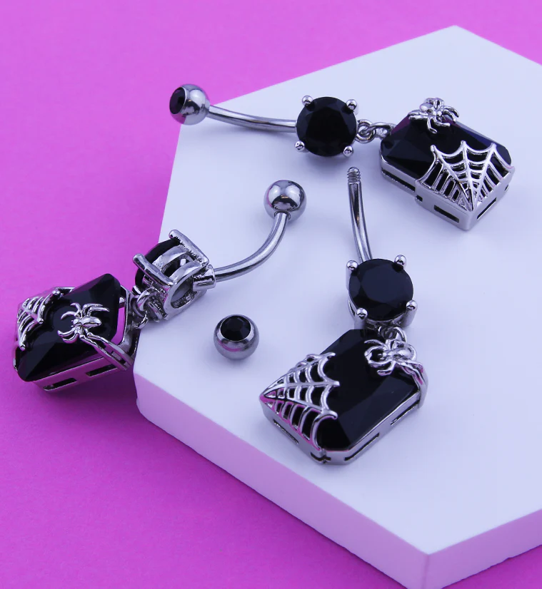 Spider And Web Black CZ Stainless Steel Belly Button Ring - Image 2