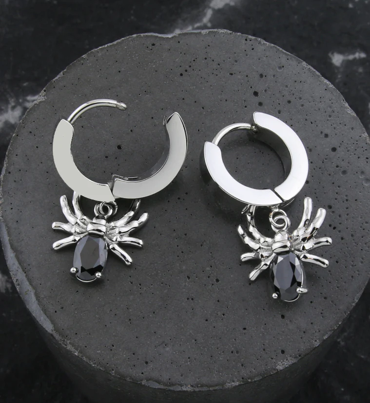 Spider Black CZ Stainless Steel Hoop Huggie Earrings - Image 2