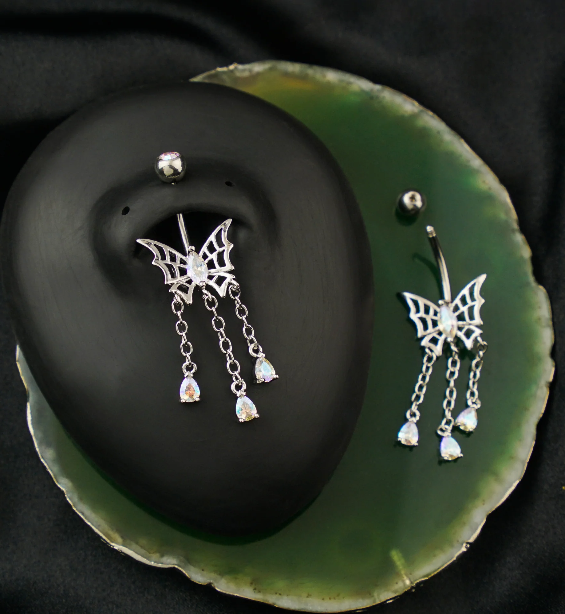 Spiderweb Butterfly Teardrop Rainbow Aurora CZ Dangle Stainless Steel Belly Button Ring - Image 2