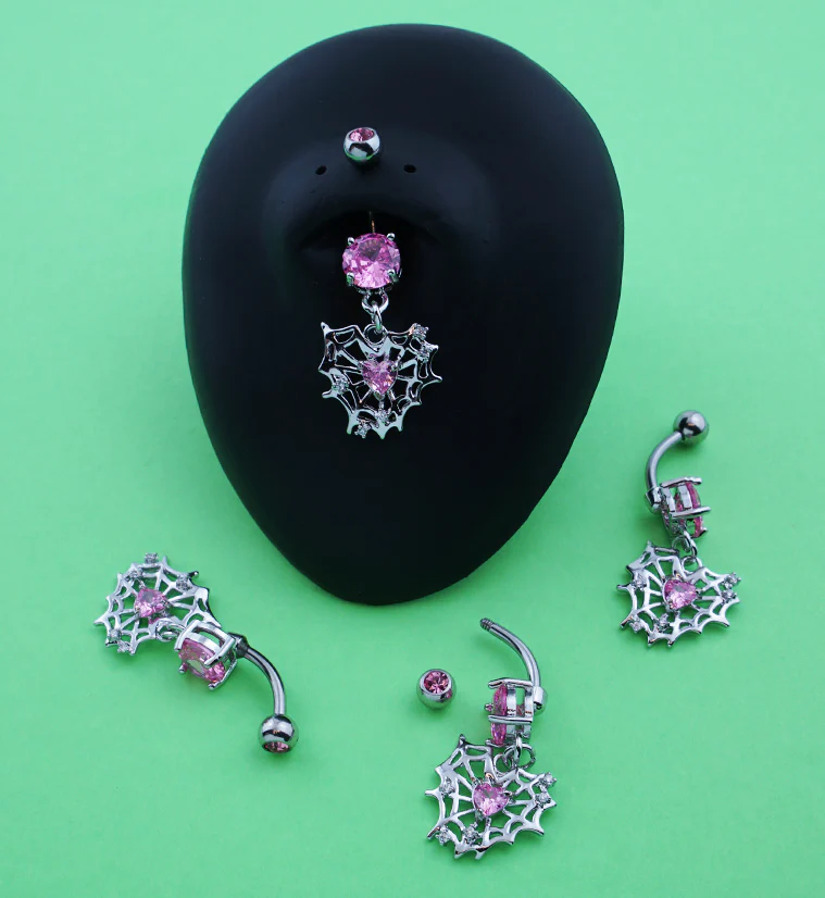Spiderweb Heart Pink CZ Dangle Stainless Steel Belly Button Ring - Image 2
