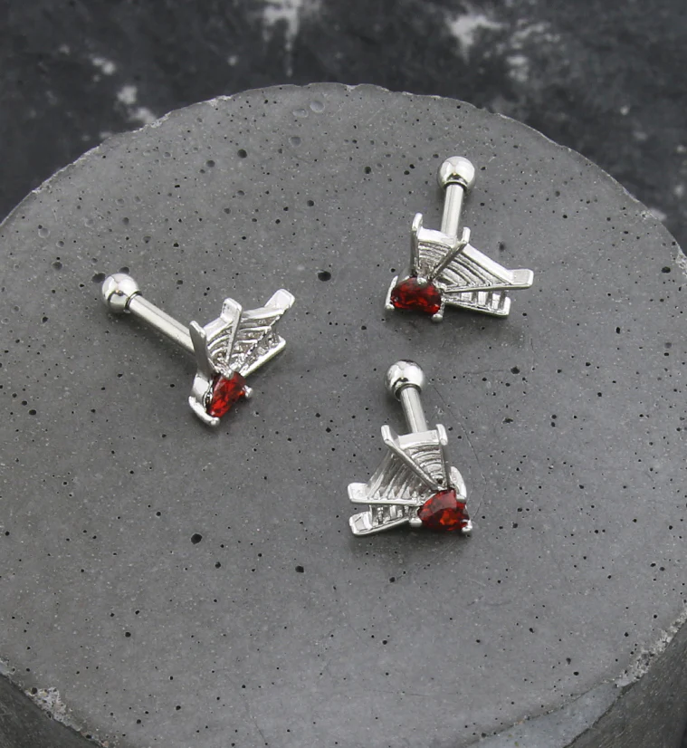 Spiderweb Heart Red CZ Stainless Steel Cartilage Barbell - Image 2