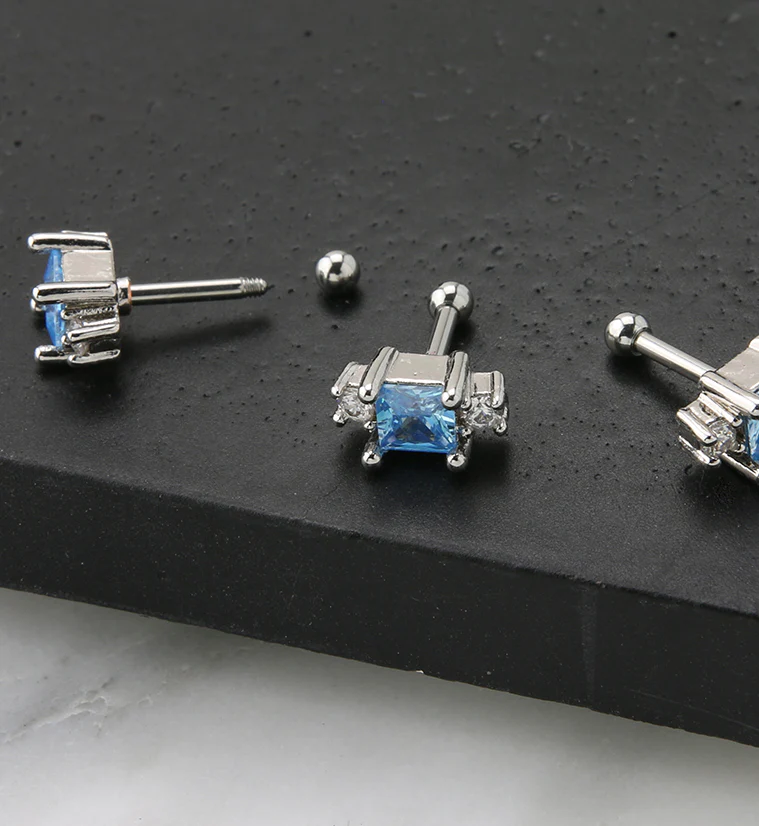 Square Aqua CZ Cartilage Barbell - Image 2