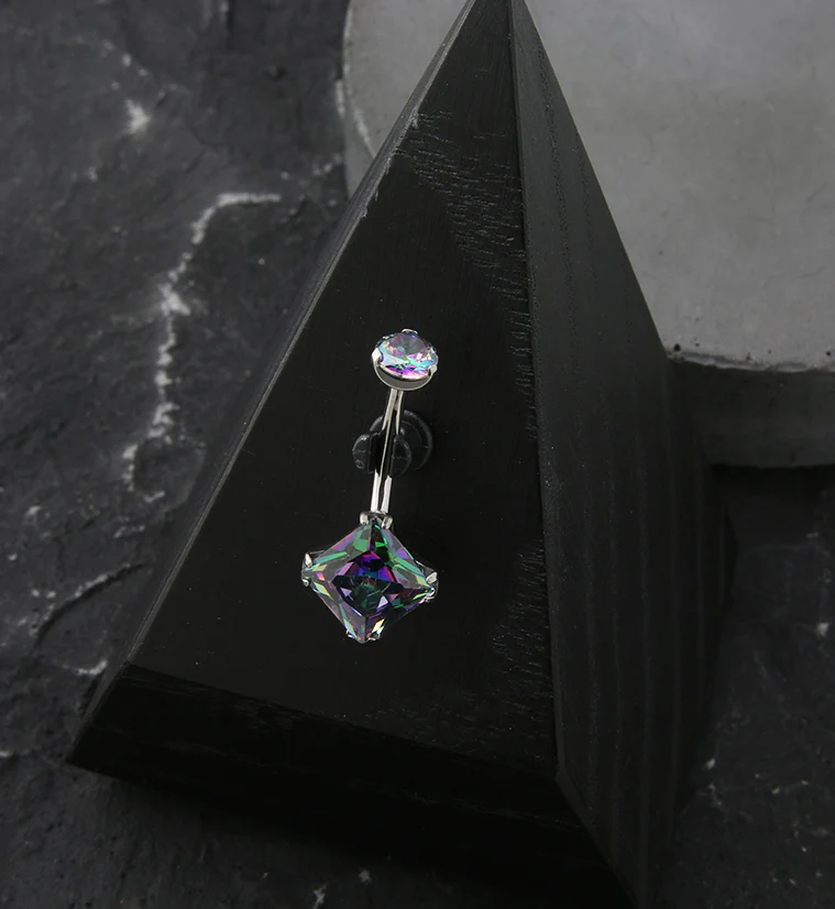 Square Black Aurora CZ Internally Threaded Titanium Belly Button Ring - Image 3