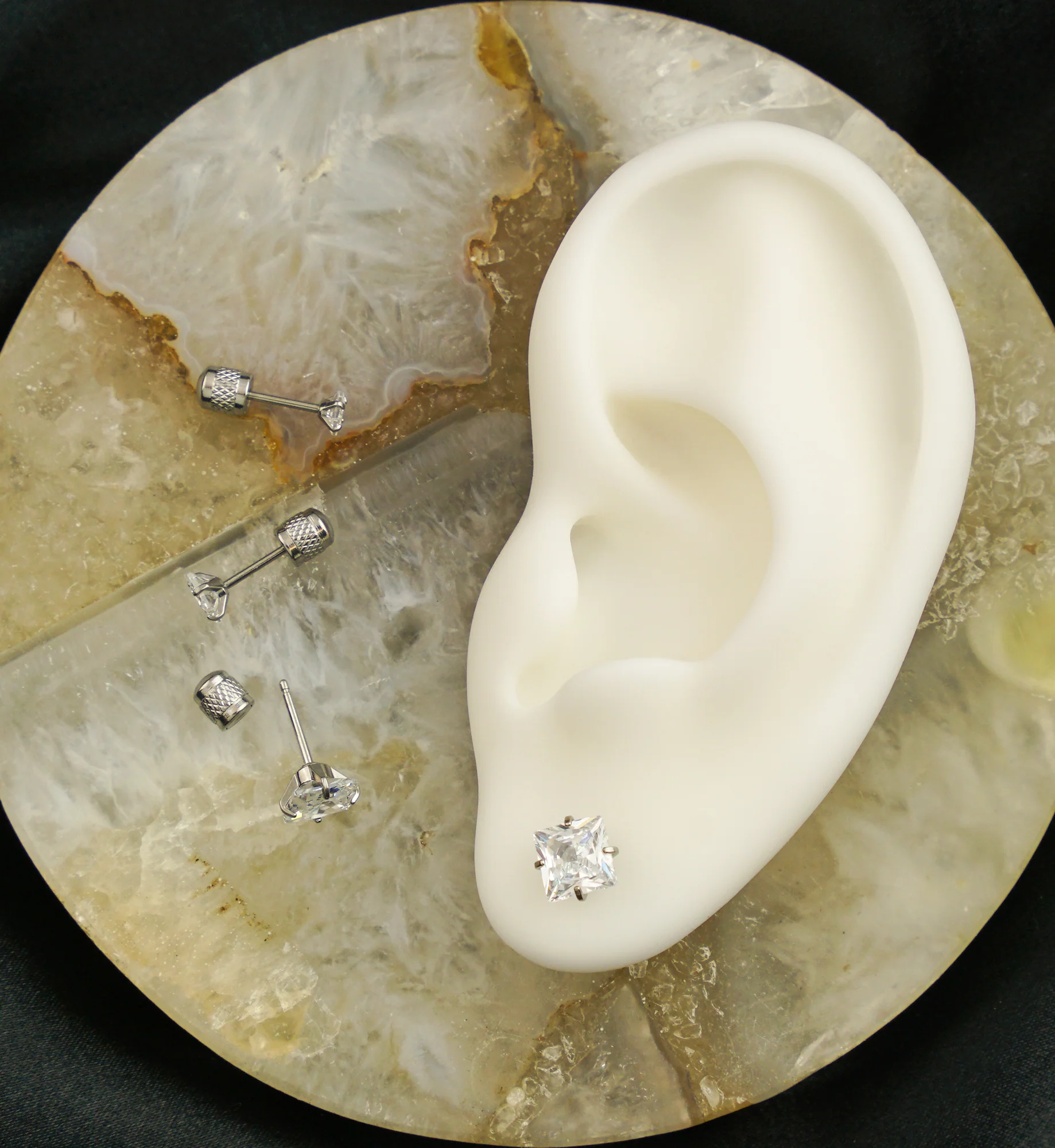 Square Clear CZ Stainless Steel Textured Cylinder Back Stud Earrings - Image 2
