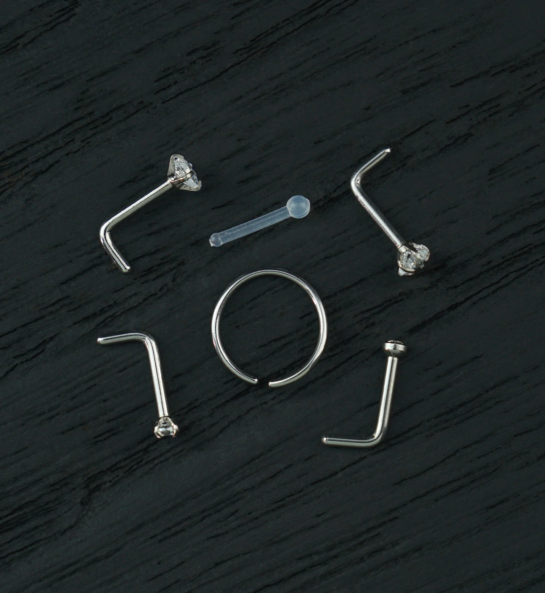 Star And Heart Clear CZ Stainless Steel L Bend/Stud/Hoop Nose Ring Pack (6 Pc)