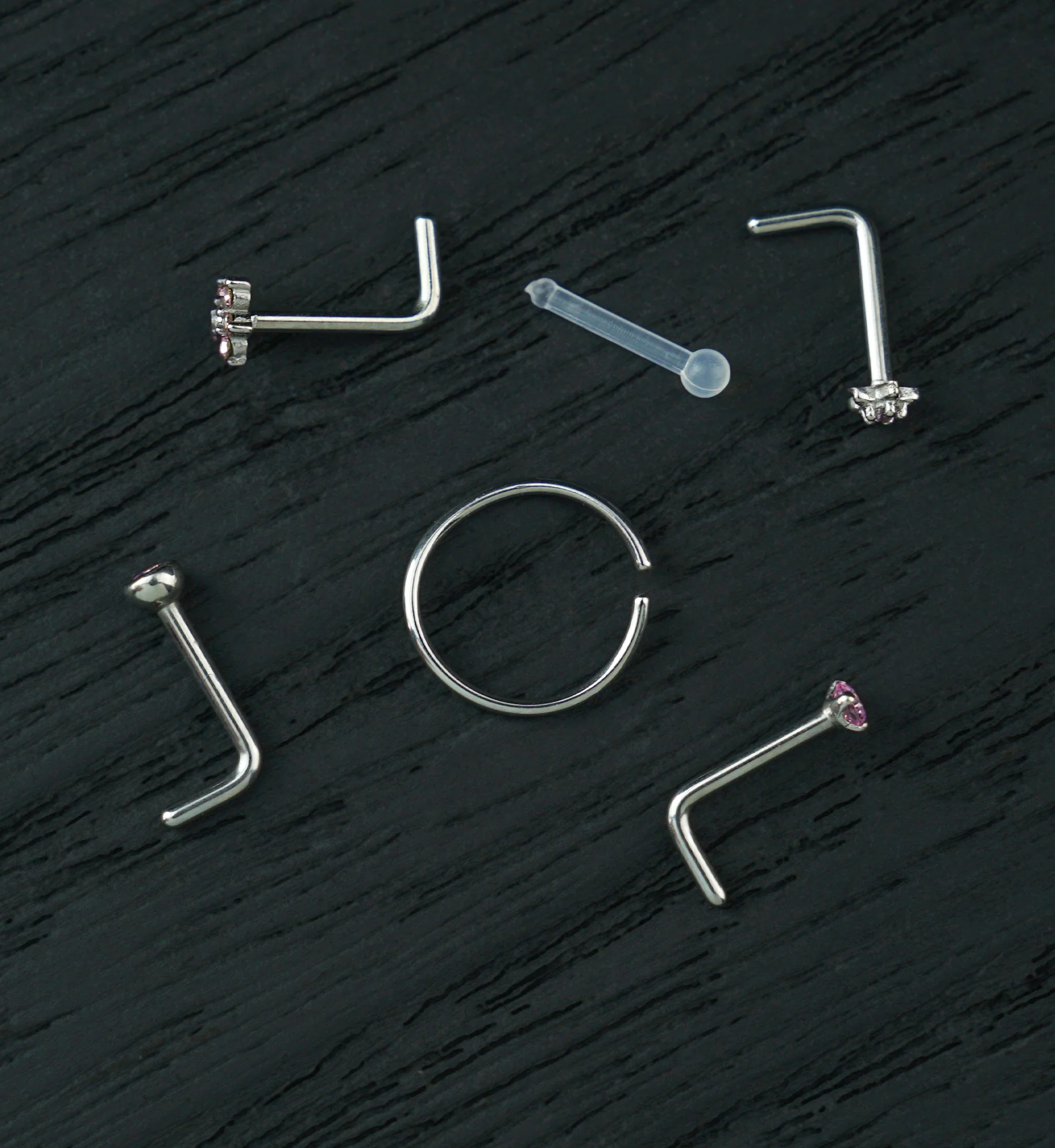Star Flower Pink CZ Stainless Steel L Bend/Stud/Hoop Nose Ring Pack (6 Pc)