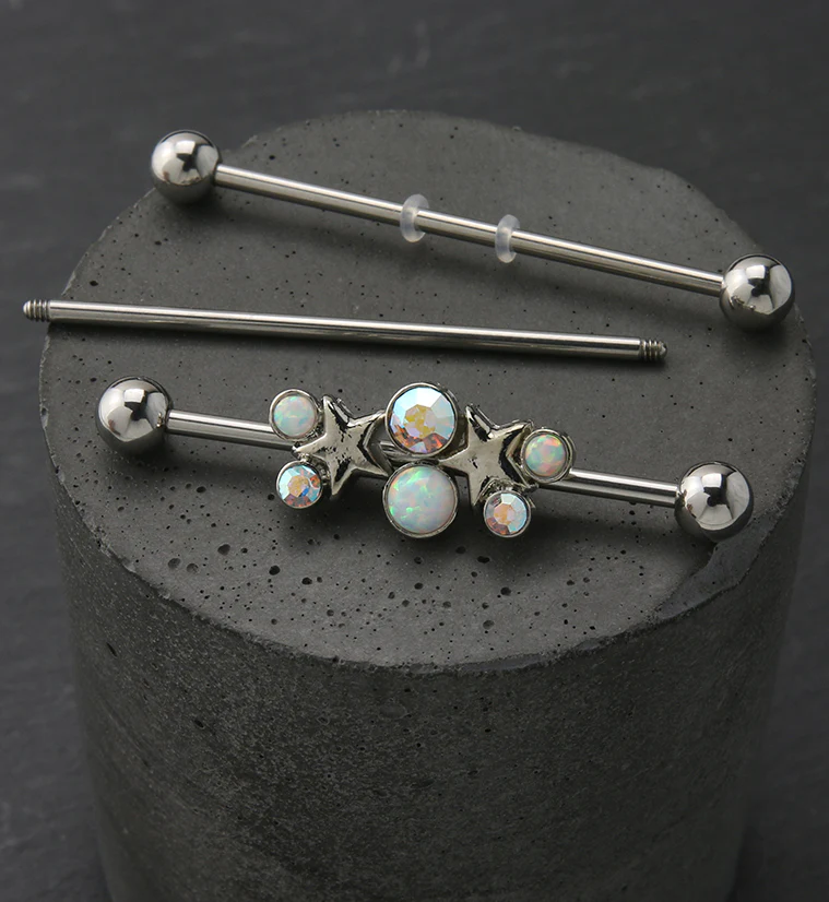 Starlet White Opalite and Rainbow Aurora CZ Industrial Barbell - Image 2