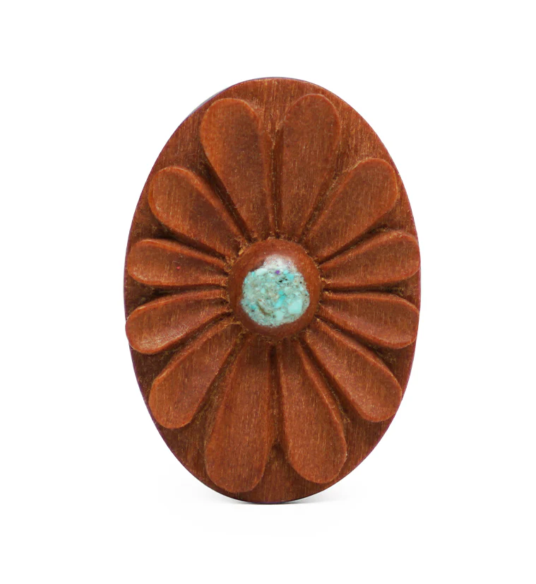 Sunflower Turquoise Inlay Oval Wood Plugs - Image 2