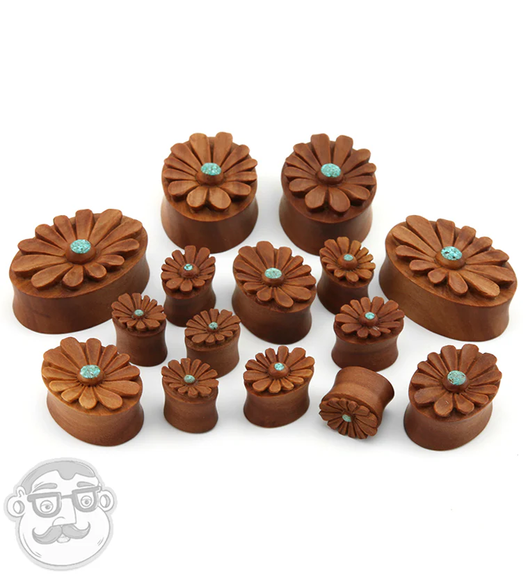 Sunflower Turquoise Inlay Oval Wood Plugs - Image 3