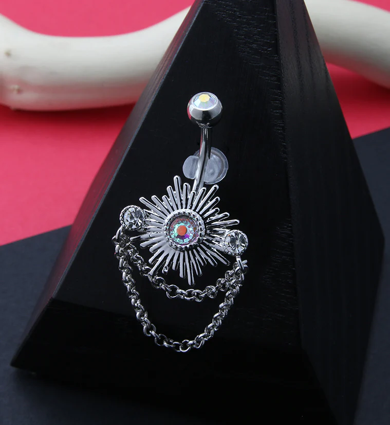 Sunshine Dangle Chain Aura CZ Belly Button Ring - Image 2