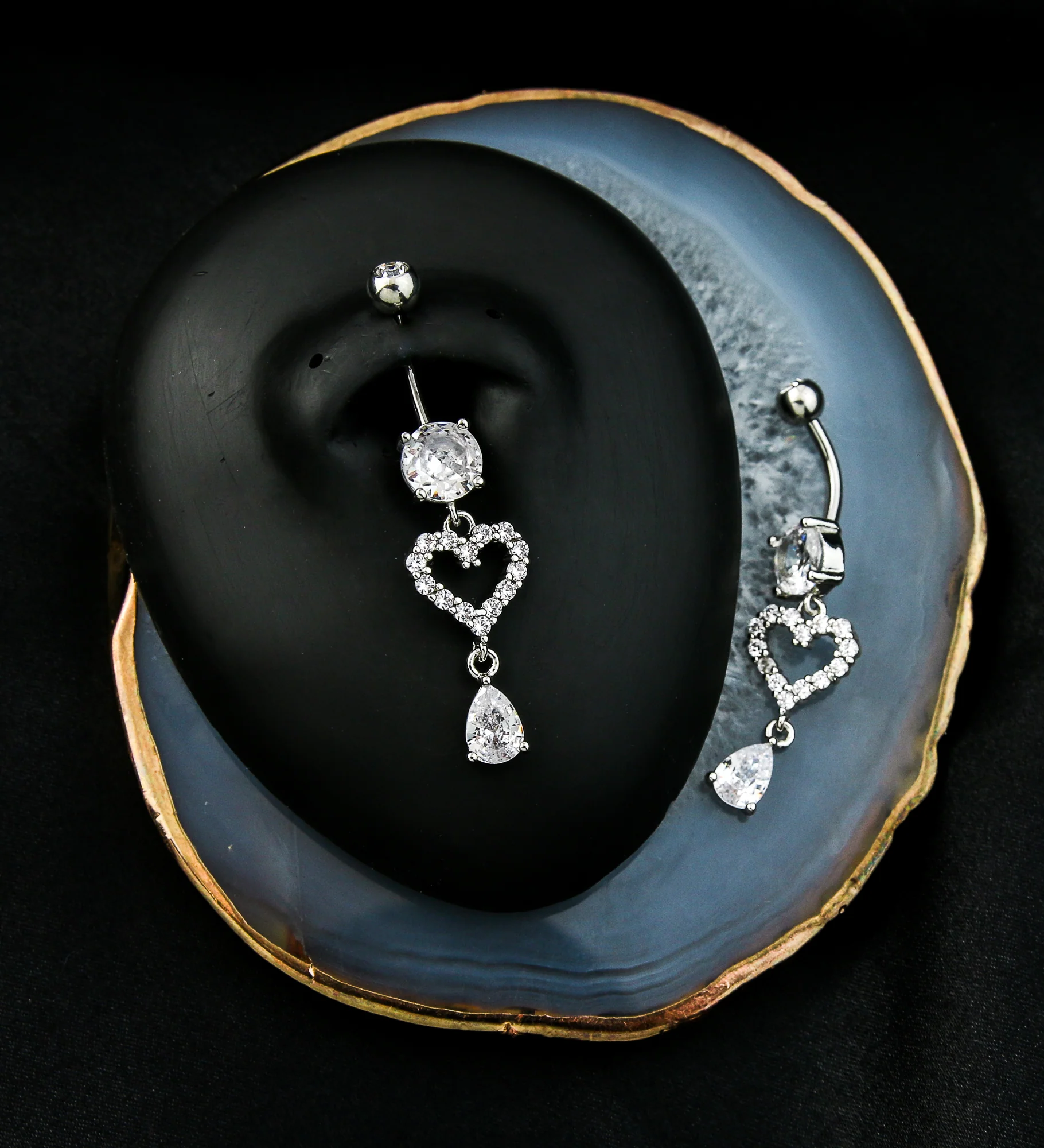Sweetheart Teardrop Clear CZ Dangle Stainless Steel Belly Button Ring - Image 2