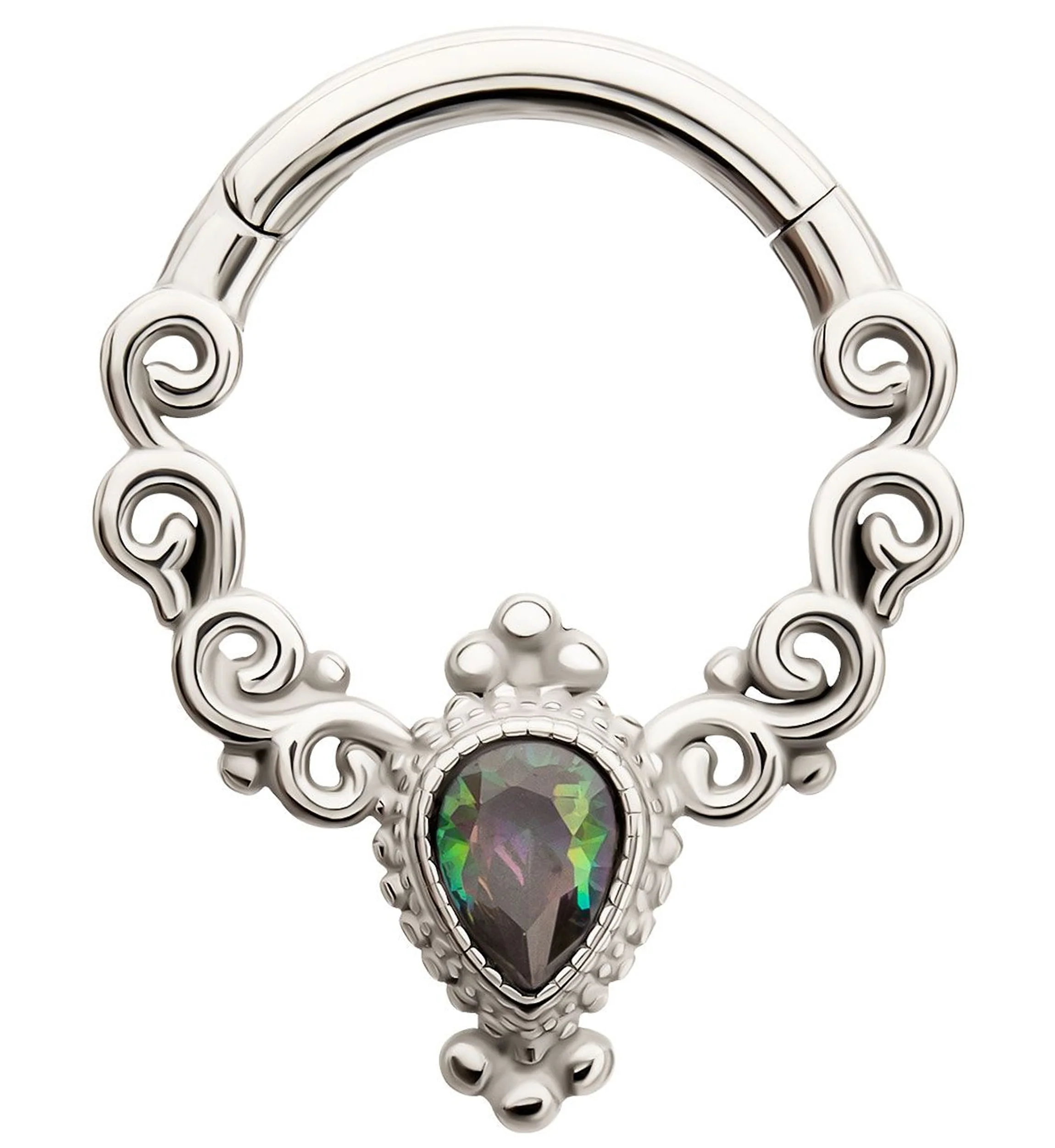 Swirl Purple Aurora Teardrop CZ Stainless Steel Hinged Segment Ring