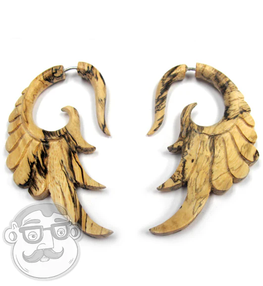 Tamarind Wood Angel Wing Fake Gauge Talon Spiral Tribal Earrings - Image 2