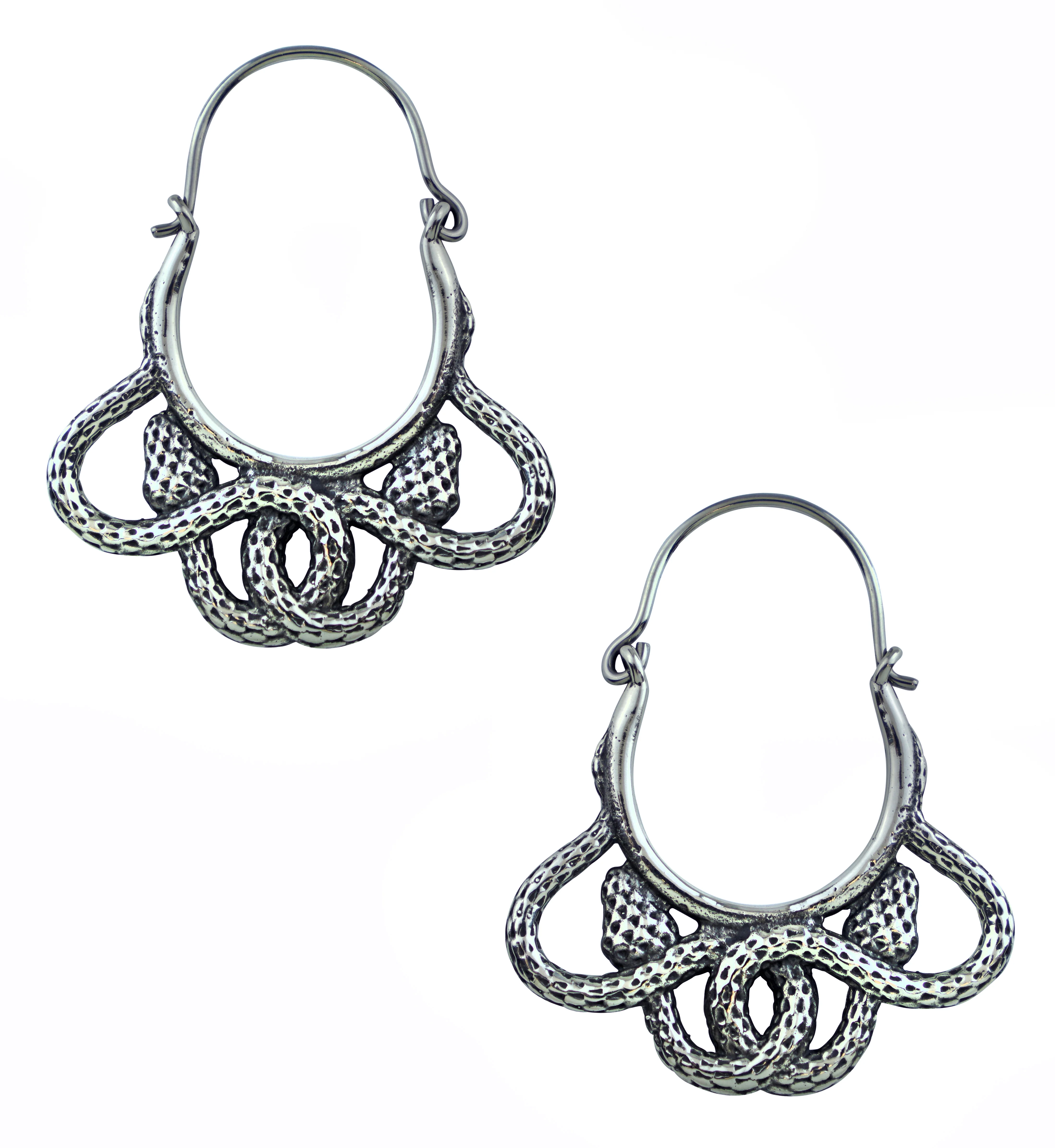 Tangled Snakes White Brass Plug Hoops / Earrings