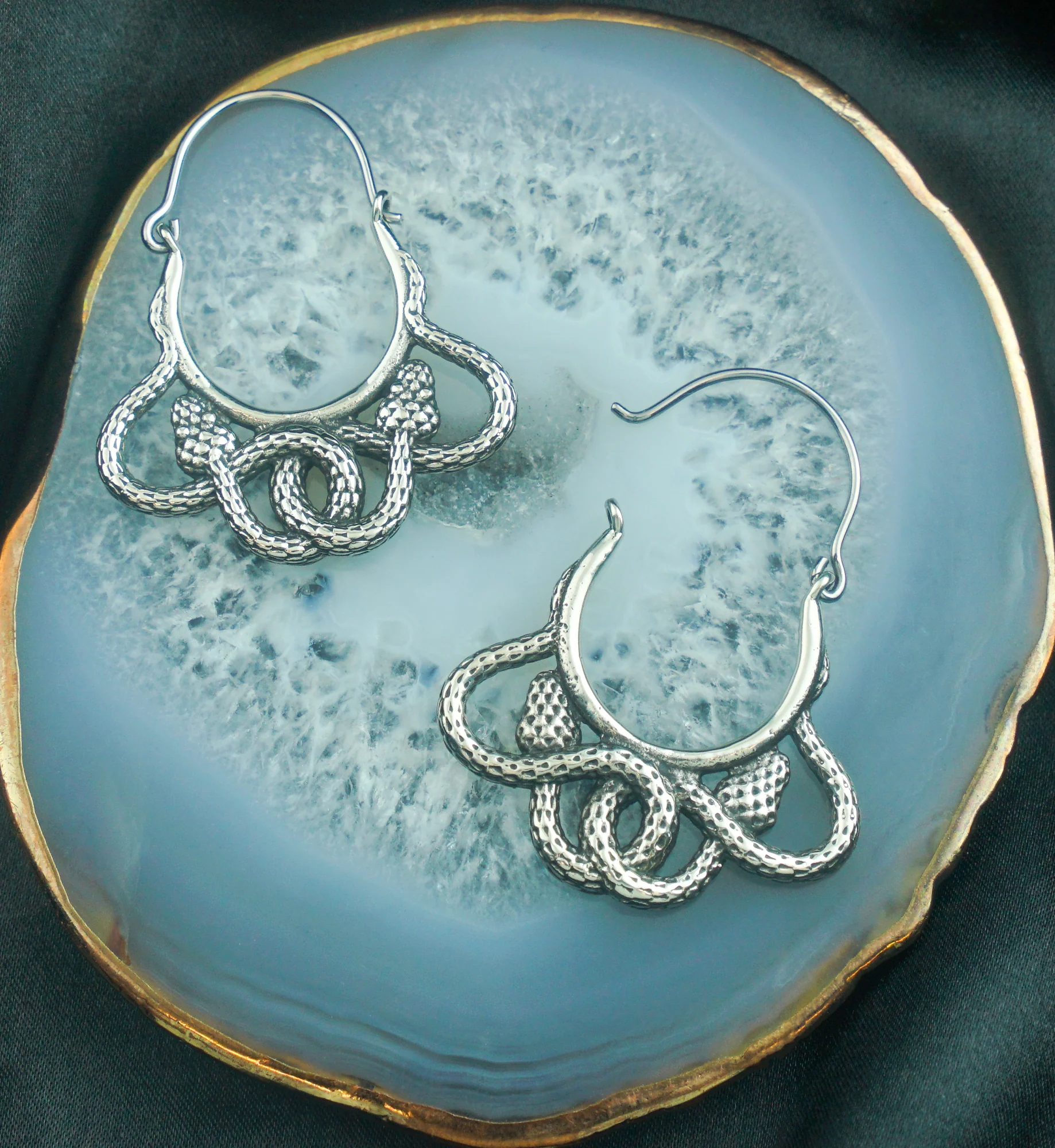 Tangled Snakes White Brass Plug Hoops / Earrings - Image 3