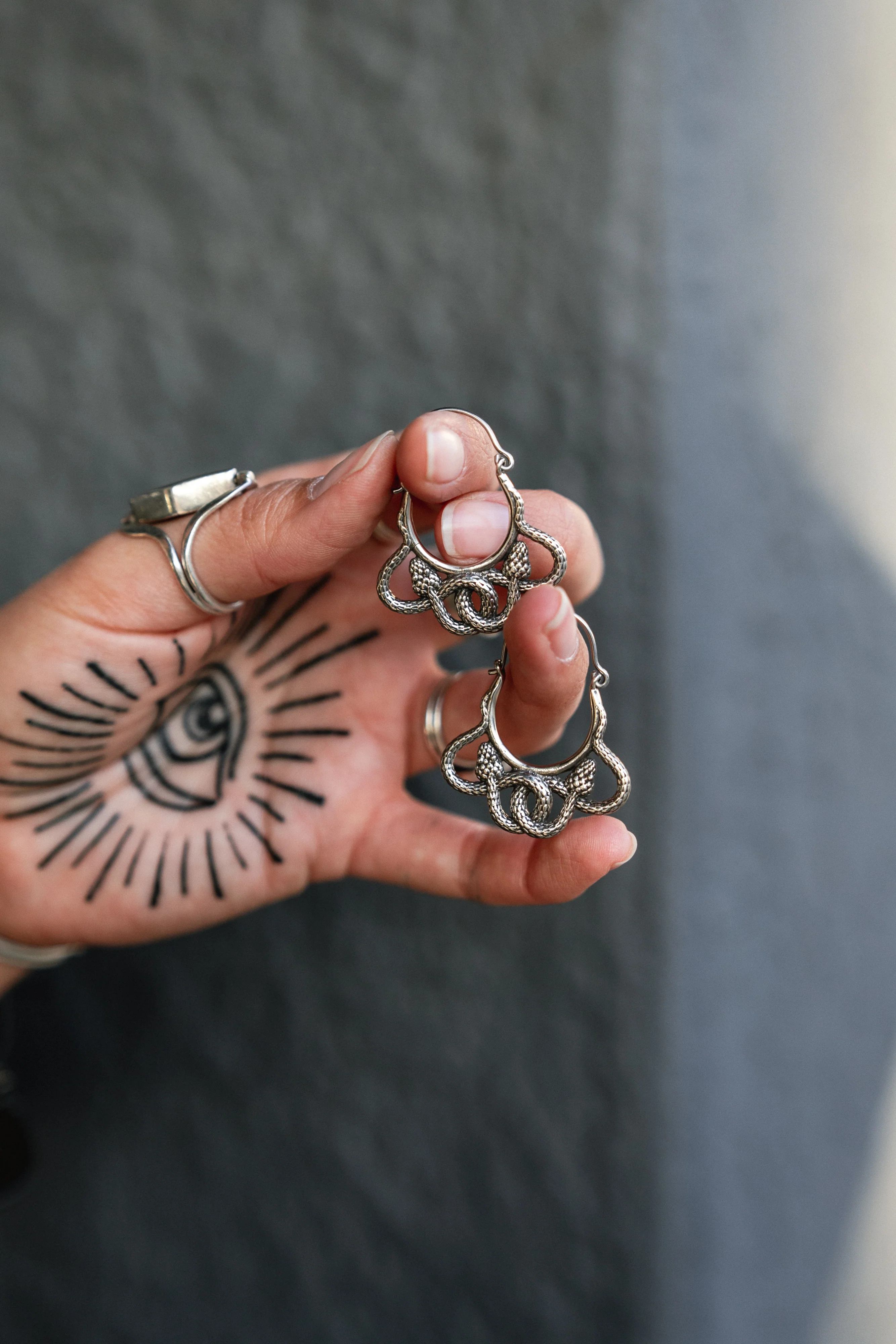Tangled Snakes White Brass Plug Hoops / Earrings - Image 6