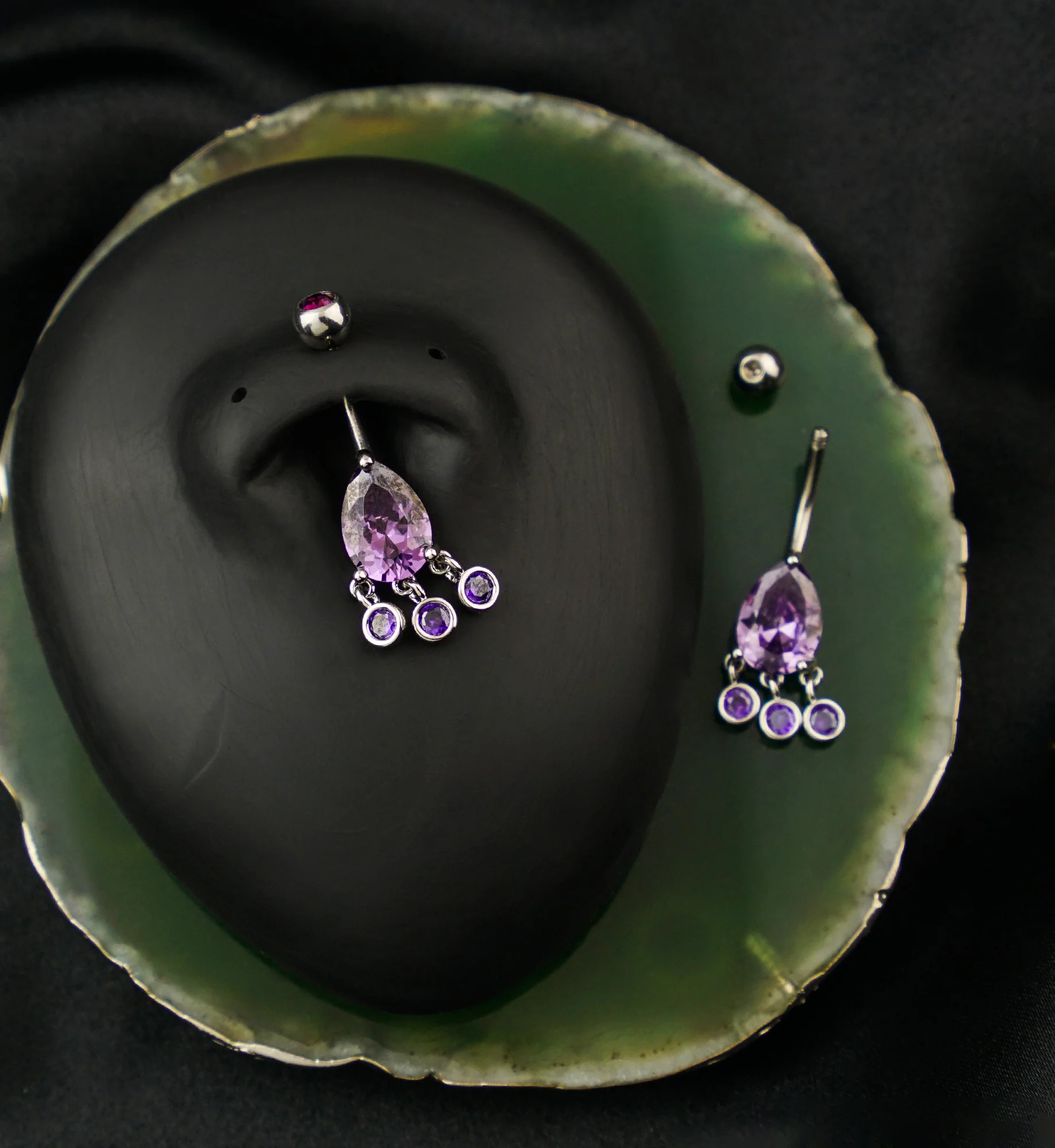 Teardrop Amethyst CZ Triple Bezel Dangle Stainless Steel Belly Button Ring - Image 2