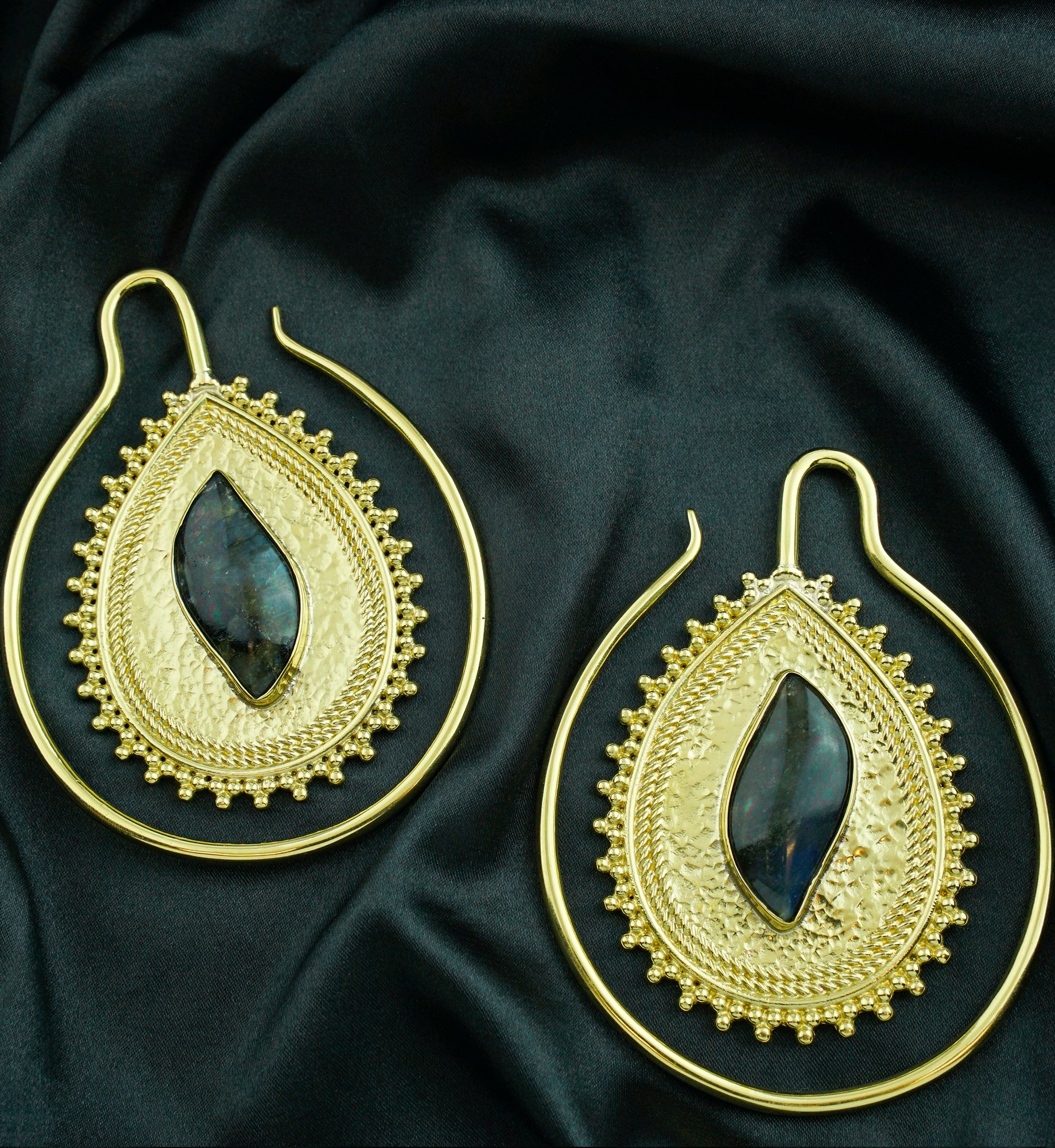 Ornamented Labradorite Stone Inlay Brass Ear Weights - Image 3