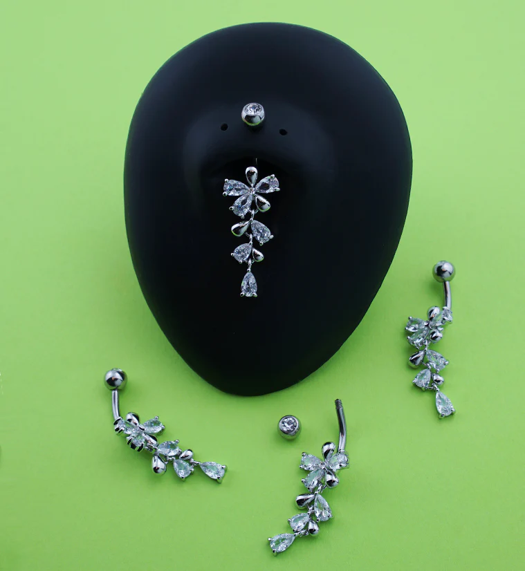 Teardrop Bow And Vine CZ Dangle Stainless Steel Belly Button Ring - Image 2
