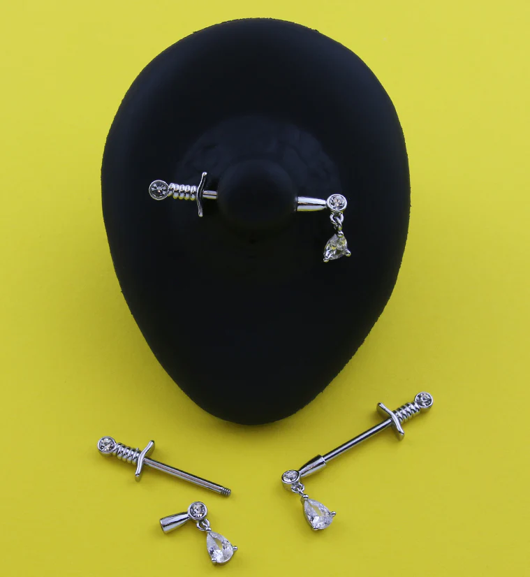 Teardrop Clear CZ Dagger Stainless Steel Nipple Barbell - Image 2