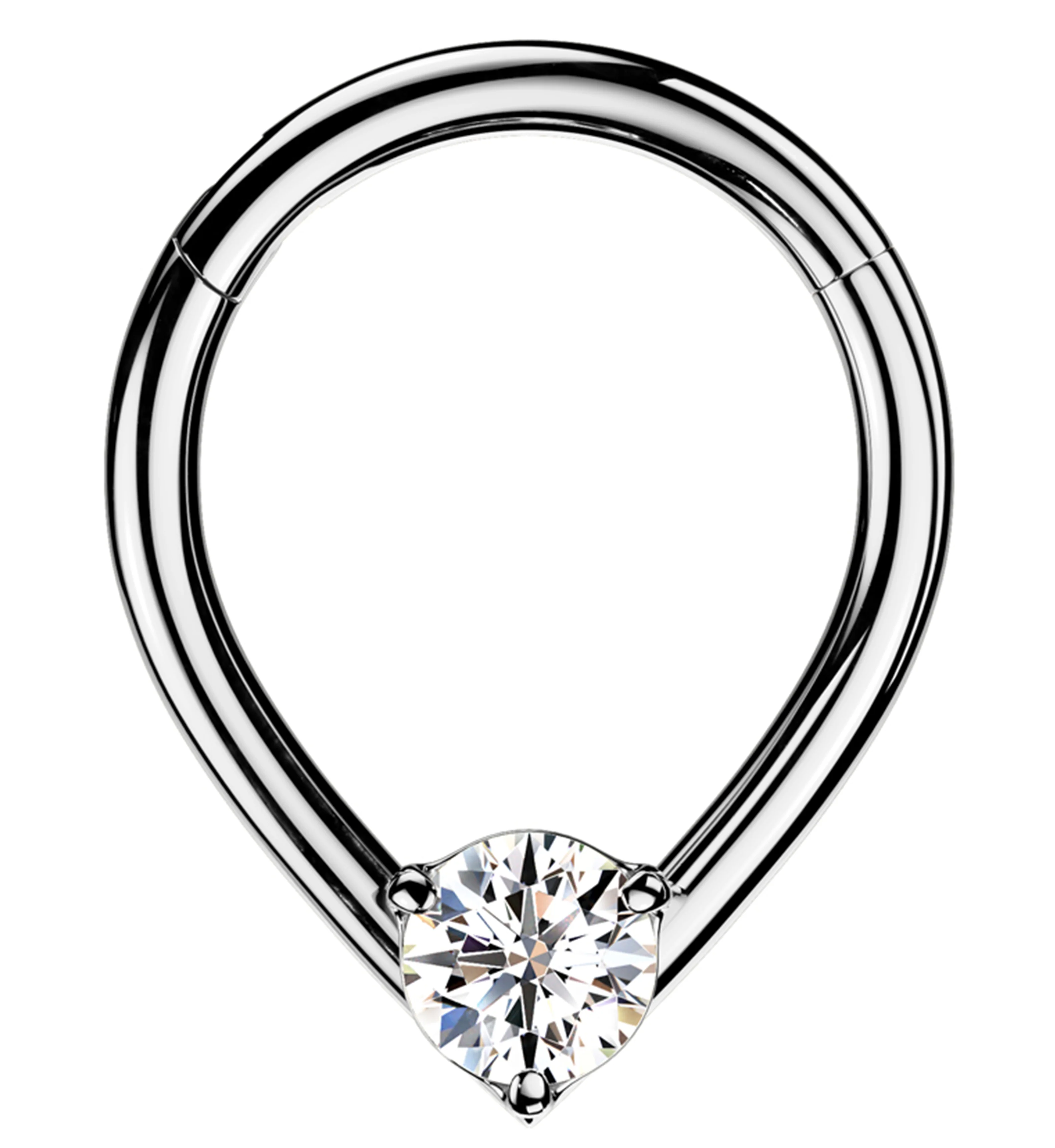 Centered Teardrop Clear CZ Stainless Steel Hinged Segment Ring