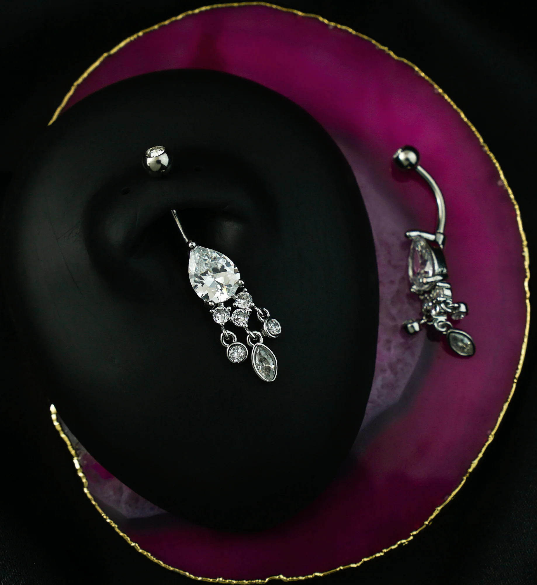 Teardrop Clear CZ Triple Dangle Stainless Steel Belly Button Ring - Image 2