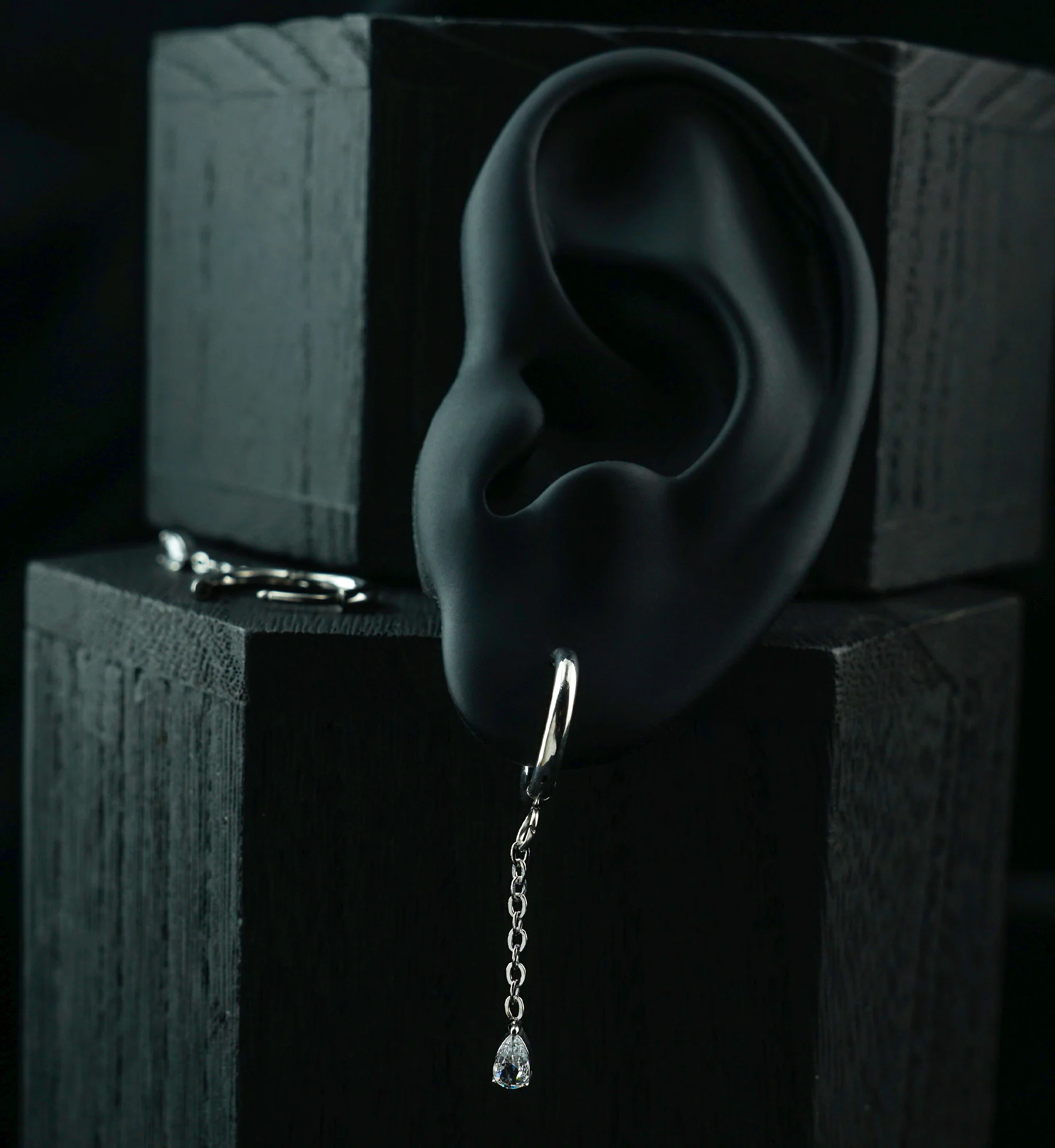 Teardrop CZ Dangle Stainless Steel Hinged Hoop Huggie Earrings - Image 2