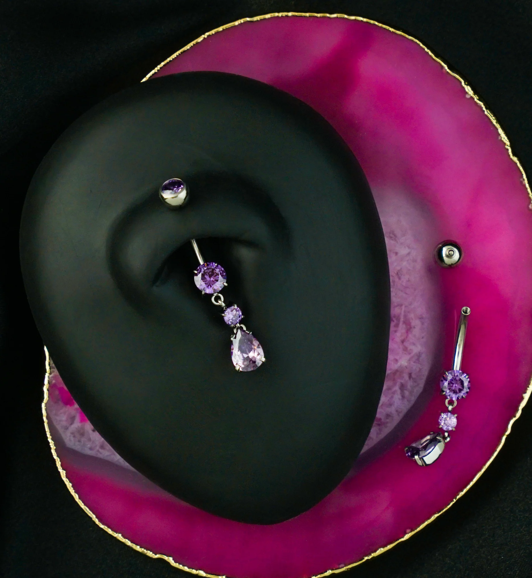 Teardrop Dangle Amethyst Purple CZ Internally Threaded Titanium Belly Button Ring - Image 2