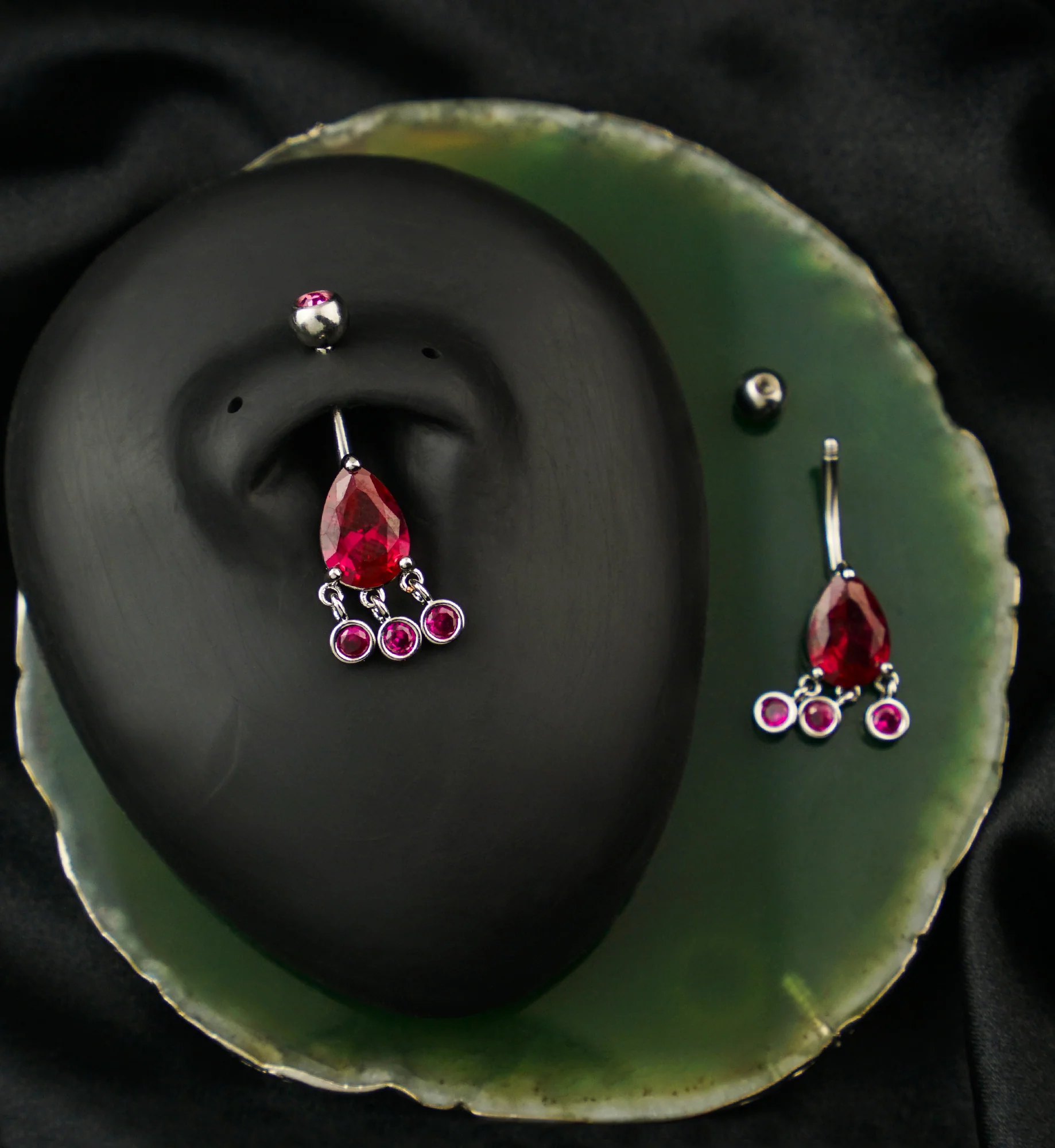 Teardrop Fuchsia CZ Triple Bezel Dangle Stainless Steel Belly Button Ring - Image 2