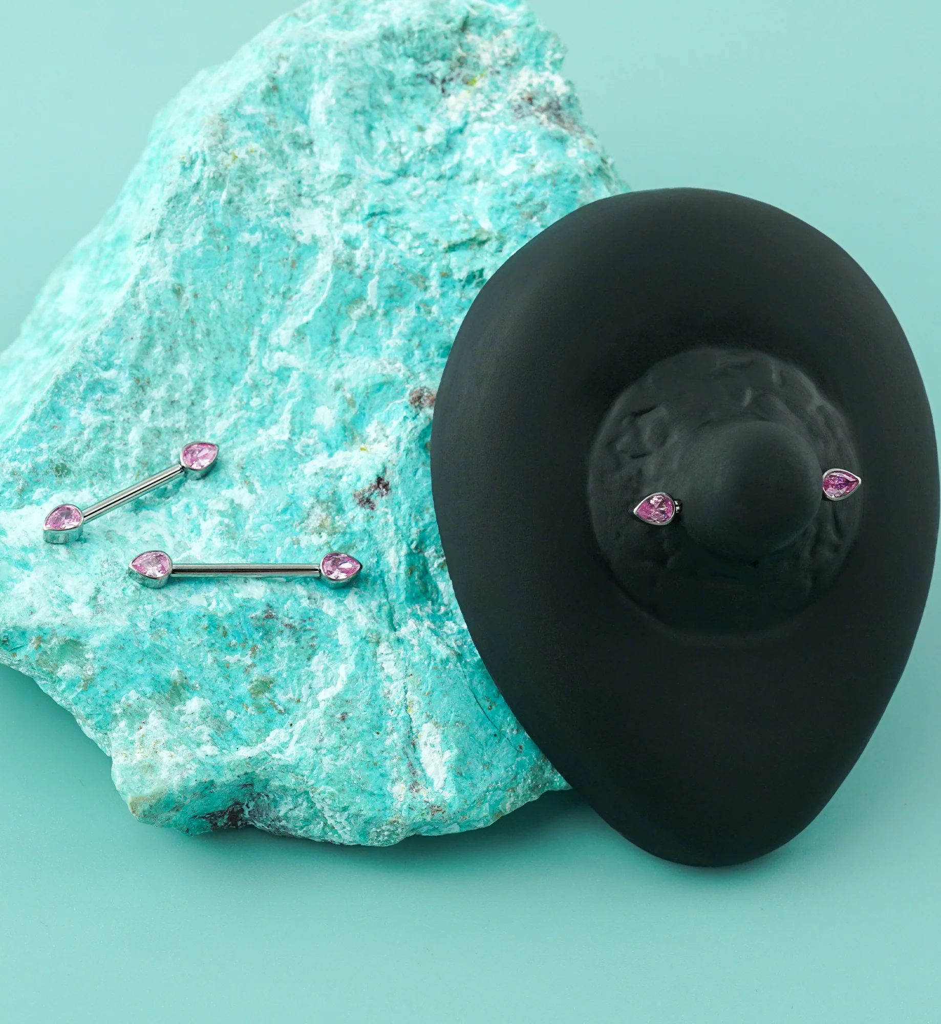 Teardrop Pink CZ Titanium Internally Threaded Nipple Ring Barbell - Image 2