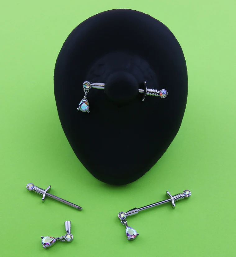 Teardrop Rainbow Aurora CZ Dagger Stainless Steel Nipple Barbell - Image 2