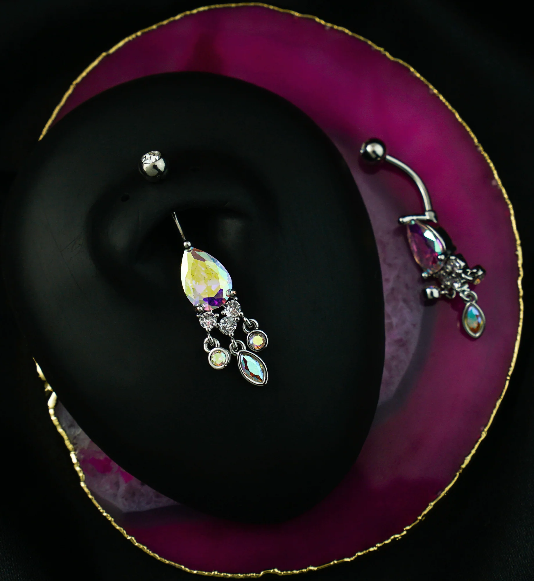 Teardrop Rainbow Aurora CZ Triple Dangle Stainless Steel Belly Button Ring - Image 2